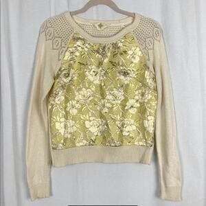 Anthropologie Monogram glittering Gold Leaf Pullover ivory/cream Size L